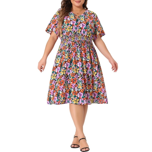 Vestido de mujer de talla grande Agnes Orinda con escote en V, mangas acampanadas, estampado floral, vestido midi de playa 3X naranja y amarillo