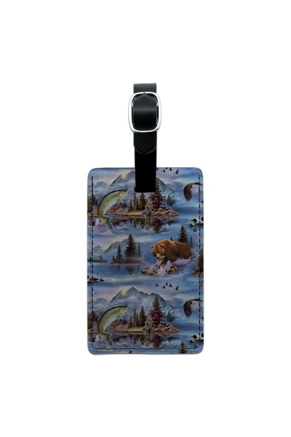 Mountain Fly Fishing Bear Stream Lake Fish Rectangle Leather Luggage Card Suitcase Carry-On ID Tag
