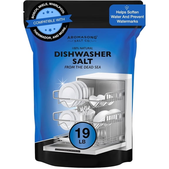 Aromasong Dishwasher Salt 19 LB - 100% Natural Water Softening Agent for Cleaner Dishes & Washer Reactivation Compatible with Bosch, Miele, Whirlpool, Thermador and More (packaging may vary)
