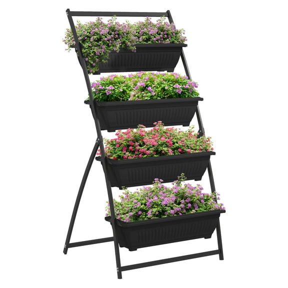 Vertical Garden Bed 4 Tier - Raised Outdoor Planter Boxes with Stand - Self-Draining Elevated Garden for Vegetables, Flowers, Black