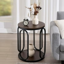 19.7" 2 Tier Round End Table, Industrial Side Table with Oval Metal Frame for Living Room, Wood Round Nightstand for Bedroom, Dark Coffee