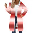 thumbnail image 2 of Women's Striped Zip Up Hoodie, Longline Fleece Jacket with Full-Length Zipper, Lightweight Mid-Length Hooded Sweatshirt, Soft Casual Wear for Fall and Winter Red M, 2 of 5