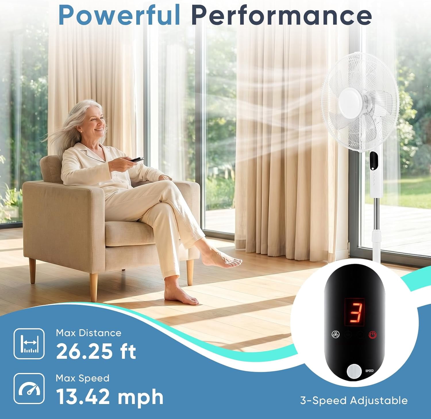Oscillating Pedestal Stand Fan with Remote, 3 Speed Powerful Airflow Adjustable Height, 3 Speed & 3 Wind Modes,80°Angle Floor Cooling Fan for Bedroom Office, White