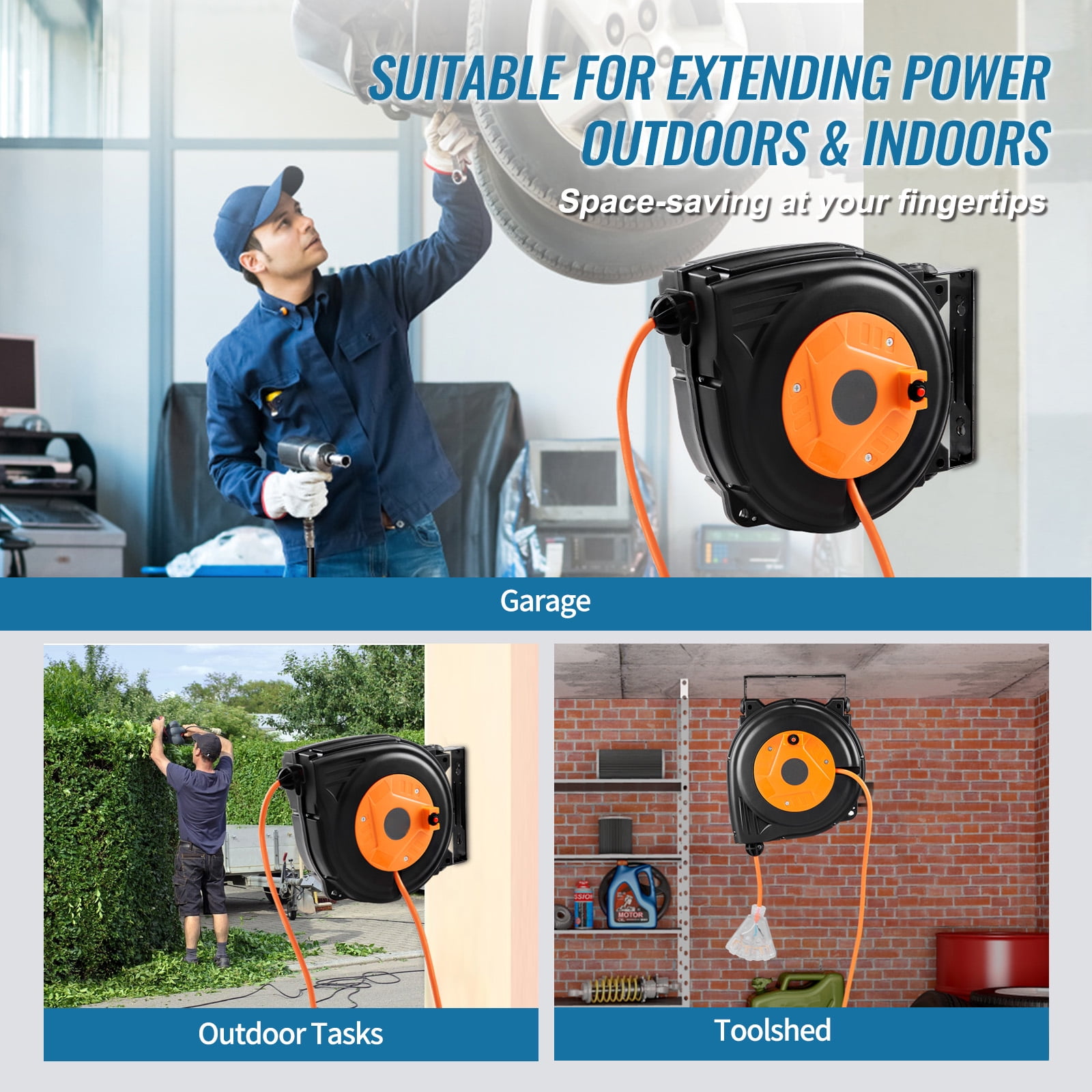 SKYSHALO 30 FT Retractable Extension Cord Reel 16AWG/3C SJTOW Power Cord ETL Listed