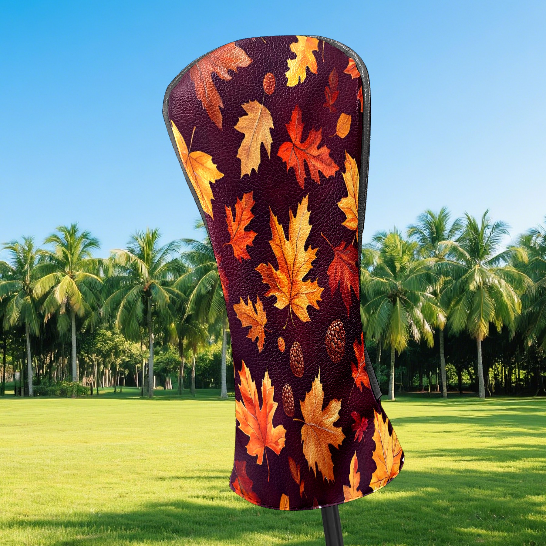 Golf Club Covers, Dark Red Autumn Leaves Premium PU Leather Driver Hybrid Putter Head Covers with Velvet Lining, Waterproof Golf Gifts for Men Women