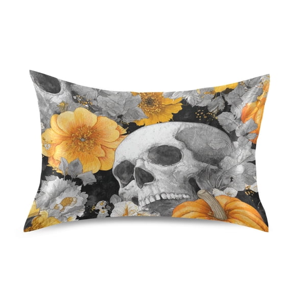 Skull Flowers Pumpkins Halloween Satin Pillowcase Envelope Design Pillow Covers 1 Pack Standard Size 20" x 26"