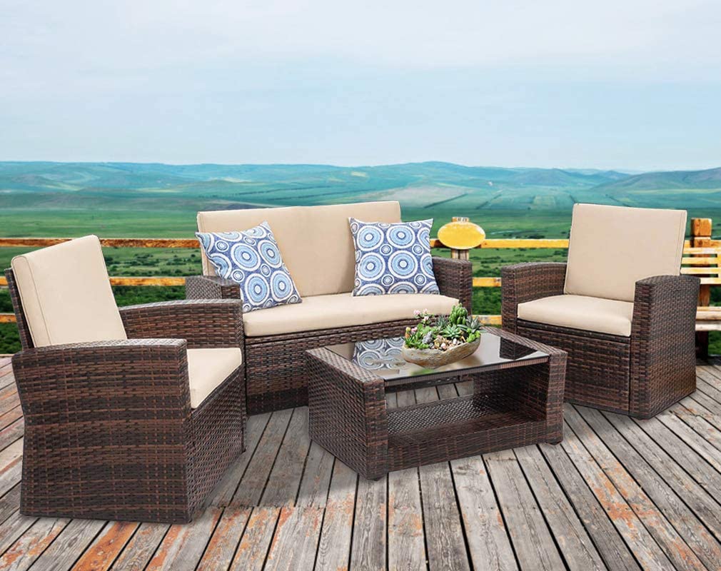 FDW 4 Pieces Outdoor Patio Furniture Sets Sectional Sofa Wicker Conversation Set Outdoor with Coffee Table (Brown) - image 2 of 7
