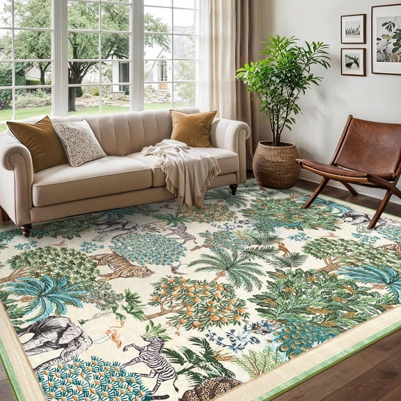 5x7 Runner Rug for Hallway, Washable Floral Throw Rug, Modern Jungle Animal Non Slip Indoor Mat, for Entryway, Laundry, Kitchen, Beige