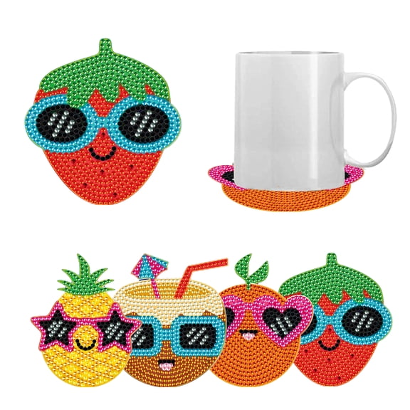 4pcs DIY Diamond Painting Coaster Kit with Strawberry and Pineapple Designs and Stand, Perfect for Home Decor and Gift Giving