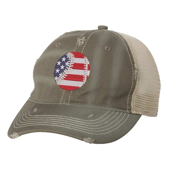 Patriotic Ball Cap - Distressed American Flag Baseball - Vintage Baseball Trucker Strapback Hat (Olive)