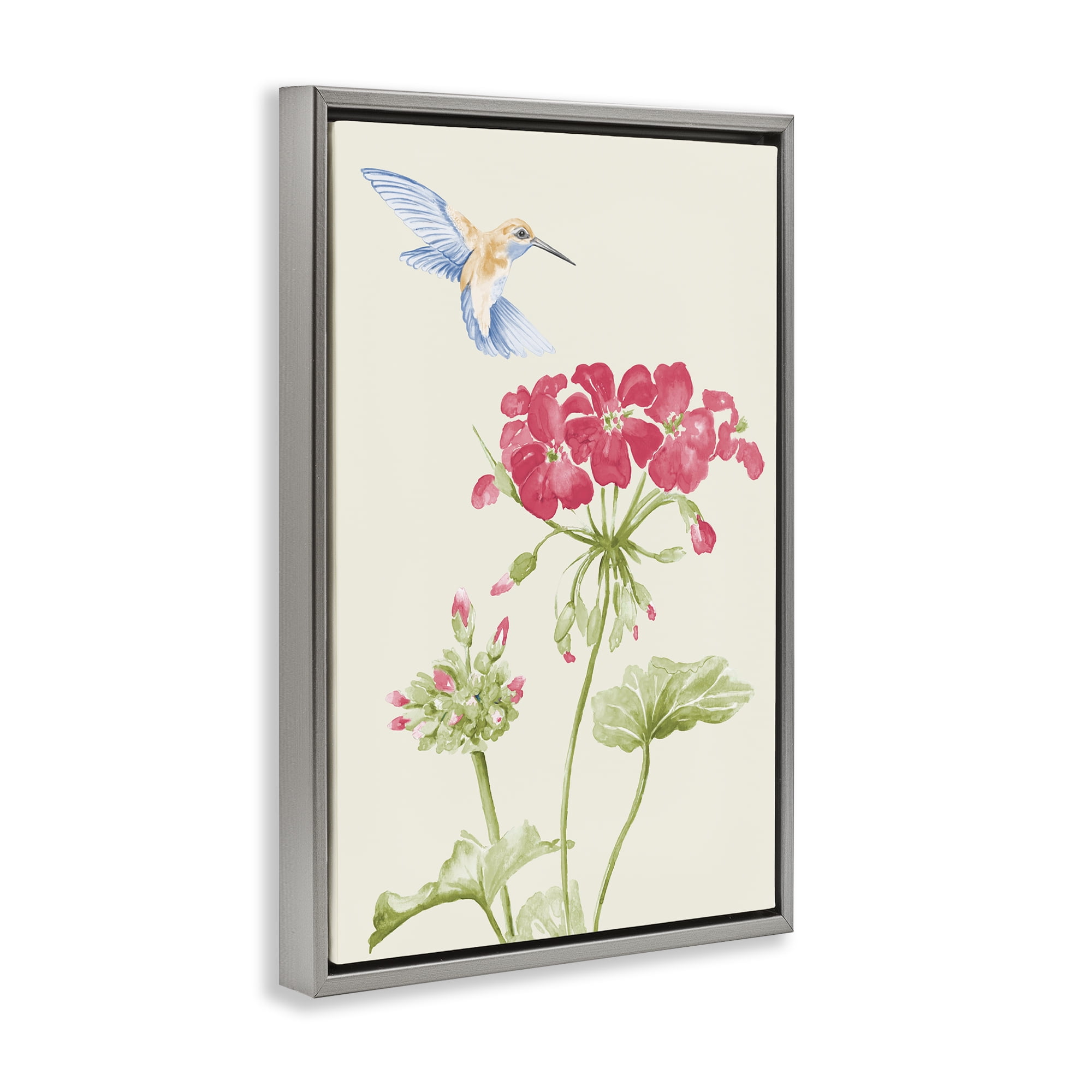 Stupell Industries Geraniums & Hummingbird Botanical & Floral Painting Gray Floater Framed Art Print Wall Art, 17 x 25