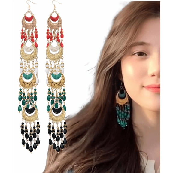 Yoyauz Long Beaded Tassel Earrings Bohemian Native Tassel Earrings Handmade Seed Beads Tribal Pendant Earrings Bohemian Multicolor Crystal Beaded Tassel Earrings Women's Women