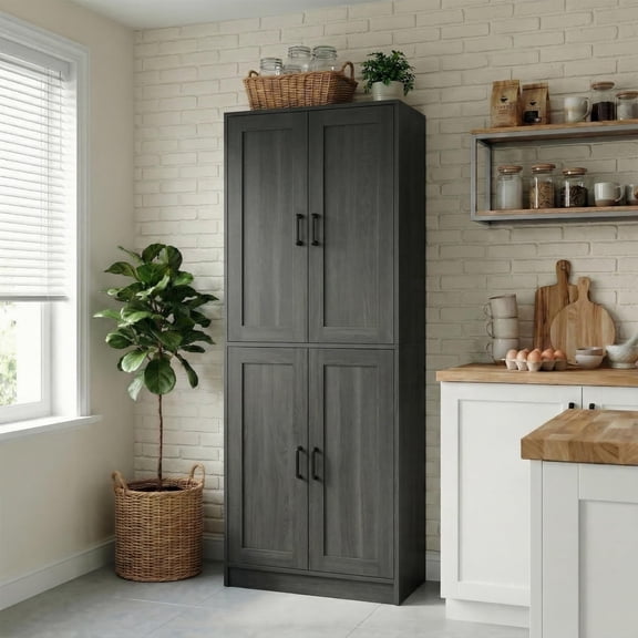 Dark Grey Freestanding Kitchen Pantry Cabinet With 4 Doors And Adjustable Shelves 71 Inch Tall