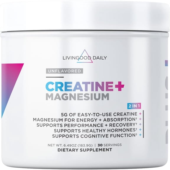 Livingood Daily Creatine   Magnesium Powder, Unflavored | 5g Micronized Creatine Monohydrate with Magnesium for Energy, Muscle Recovery & Performance | 30 Servings