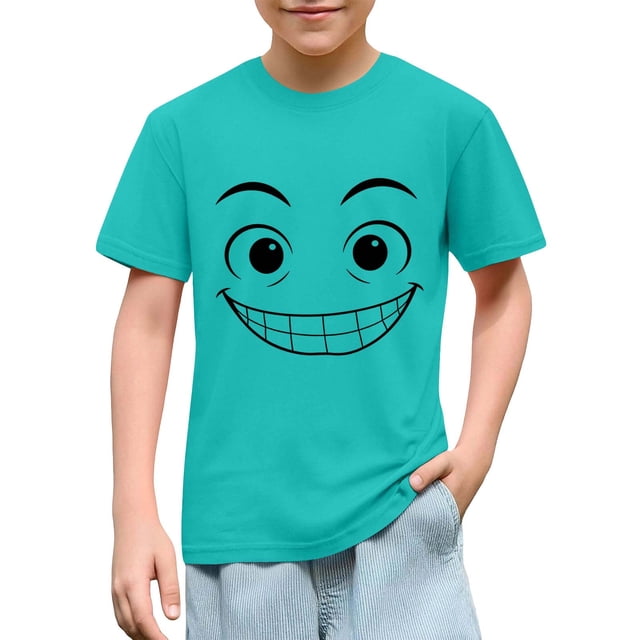 Blusas y camisas de manga corta con cuello redondo para niños y niñas, color liso, con estampado de expresión linda, manga corta, holgadas y cómodas, blusa para niña