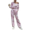 thumbnail image 3 of Defitshape Women's Long Sleeve Pajamas Set Tie Dye Printed Soft Pajama Set 2 Piece Loose Fit Cotton V Neck Pj Set Red 4-6, 3 of 4