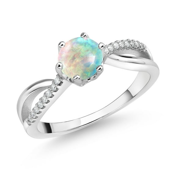 Gem Stone King 925 Sterling Silver Ring Round Cabochon Simulated Opal and Moissanite (0.38 Cttw) (Size 8)