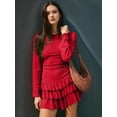 thumbnail image 4 of Women'S Long Sleeve Mini Dress Boat Neck Ruffle Bodycon Mini Flowy Cocktail Party Dresses Red M, 4 of 9