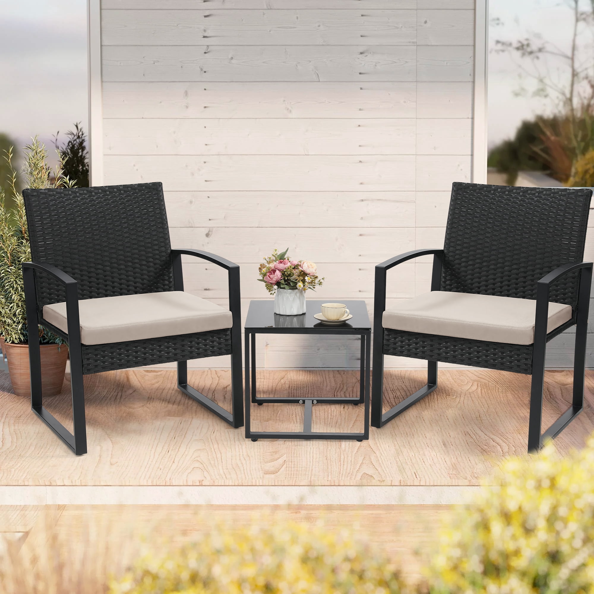 TUAREX 3-Piece Rattan Patio Furniture Set, All-Weather Wicker Bistro Set with Coffee Table and Cushioned Chairs for Garden, Yard, Balcony, Beige