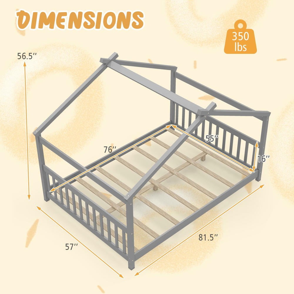 Barara King Full Size House Bedroom Bed Frame with Headboard, Montessori Floor Bed Platform Frame for Apartment, Bedroom, Gray