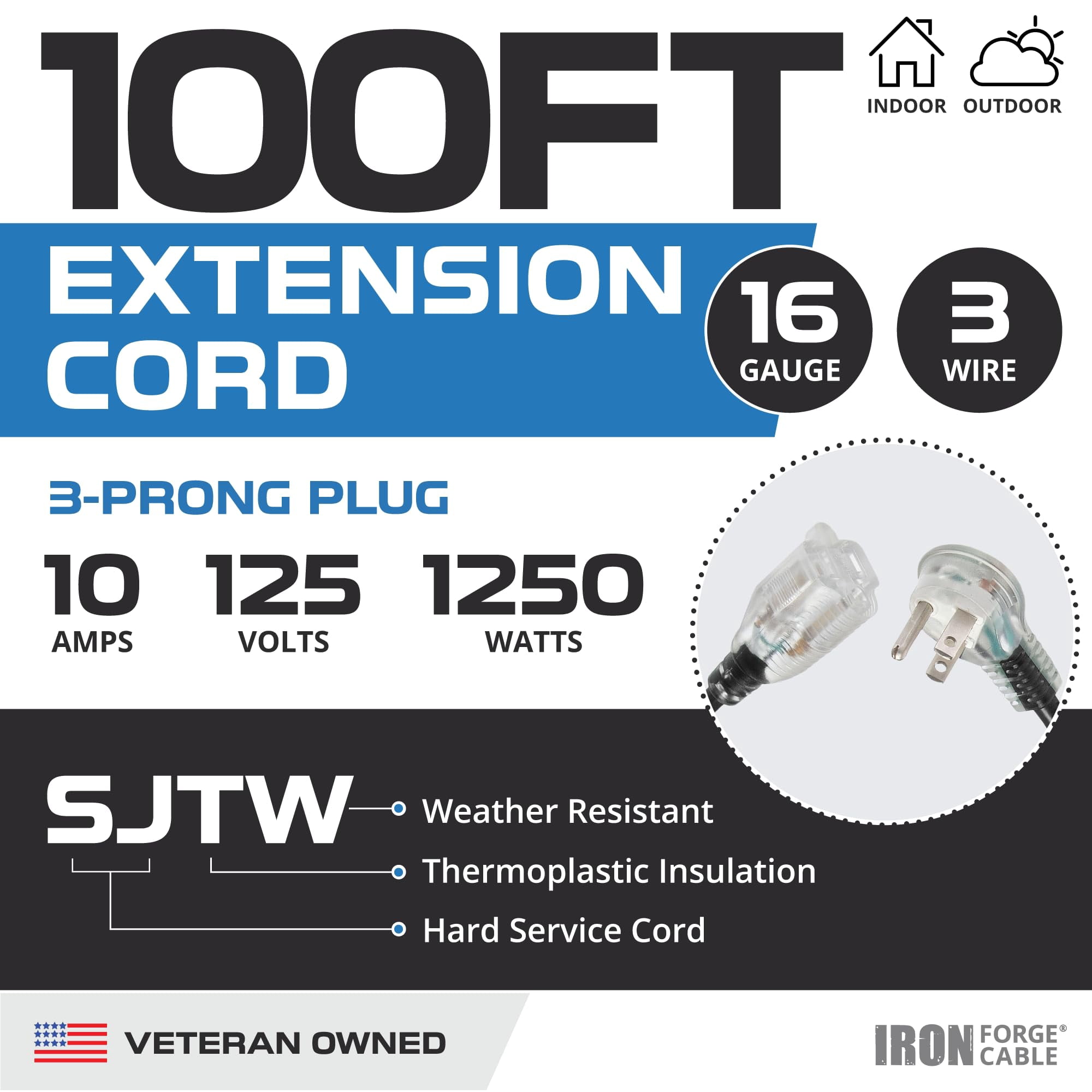 Iron Forge Cable 100 Ft Flag Plug Black Extension Cord, 16/3, 100 Foot Extension Cord with Right Angled Plug, 3 Prong, Weatherproof - Lighted End