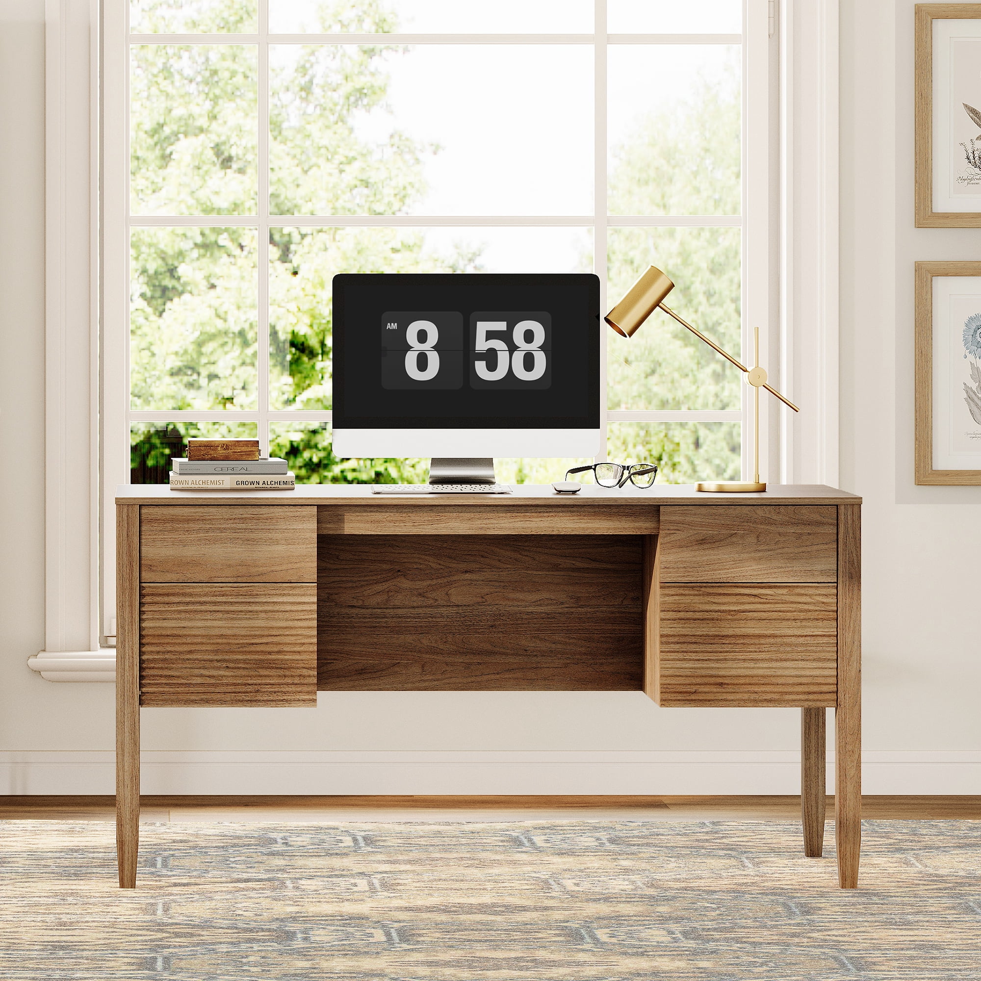 58Inch Fluted Executive Desk with Power Outlet and Doors, Modern Computer Writing Desks with Rear Storage Compartment Design, Home Office Desk with Drawers For Work And Study