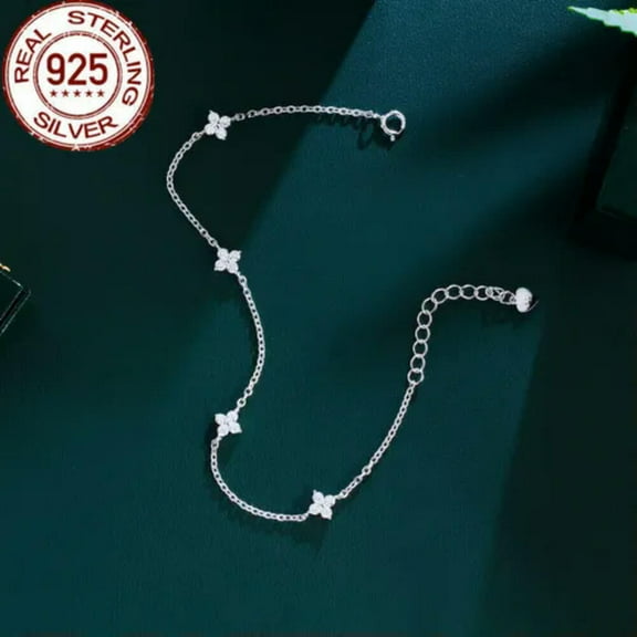 Cubic Zircon CZ Adjustable Chain Link 925 Sterling Silver Flower Charm Bracelet