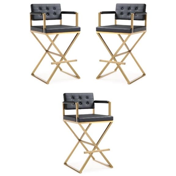 Home Square Director 30" Steel Fabric Bar Stool in Black & Gold - Set of 3