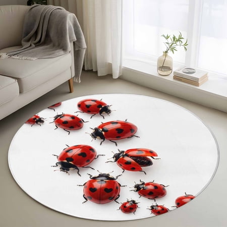 Round Area Rug 4ft Summer Pastoral Red Ladybird Non-Slip Non-Shedding Floor Mat Retro Country Washable Sturdy Carpet for Living Room Bedroom Home Decor