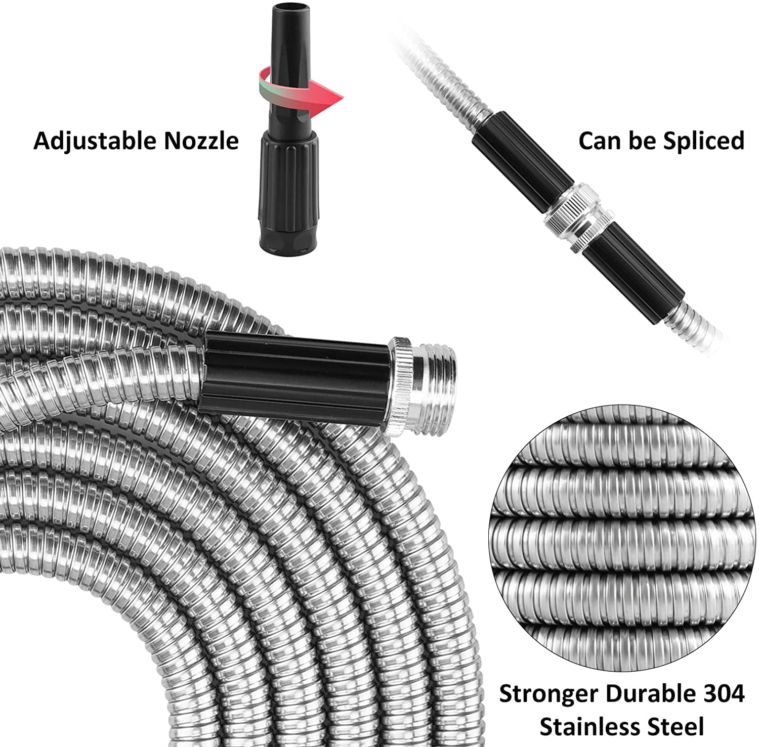 Metal Garden Hose 50ft with Adjustable Nozzle,  Stainless Steel Water Hose, No Kinks & Tangles, Easy to Store with Strap