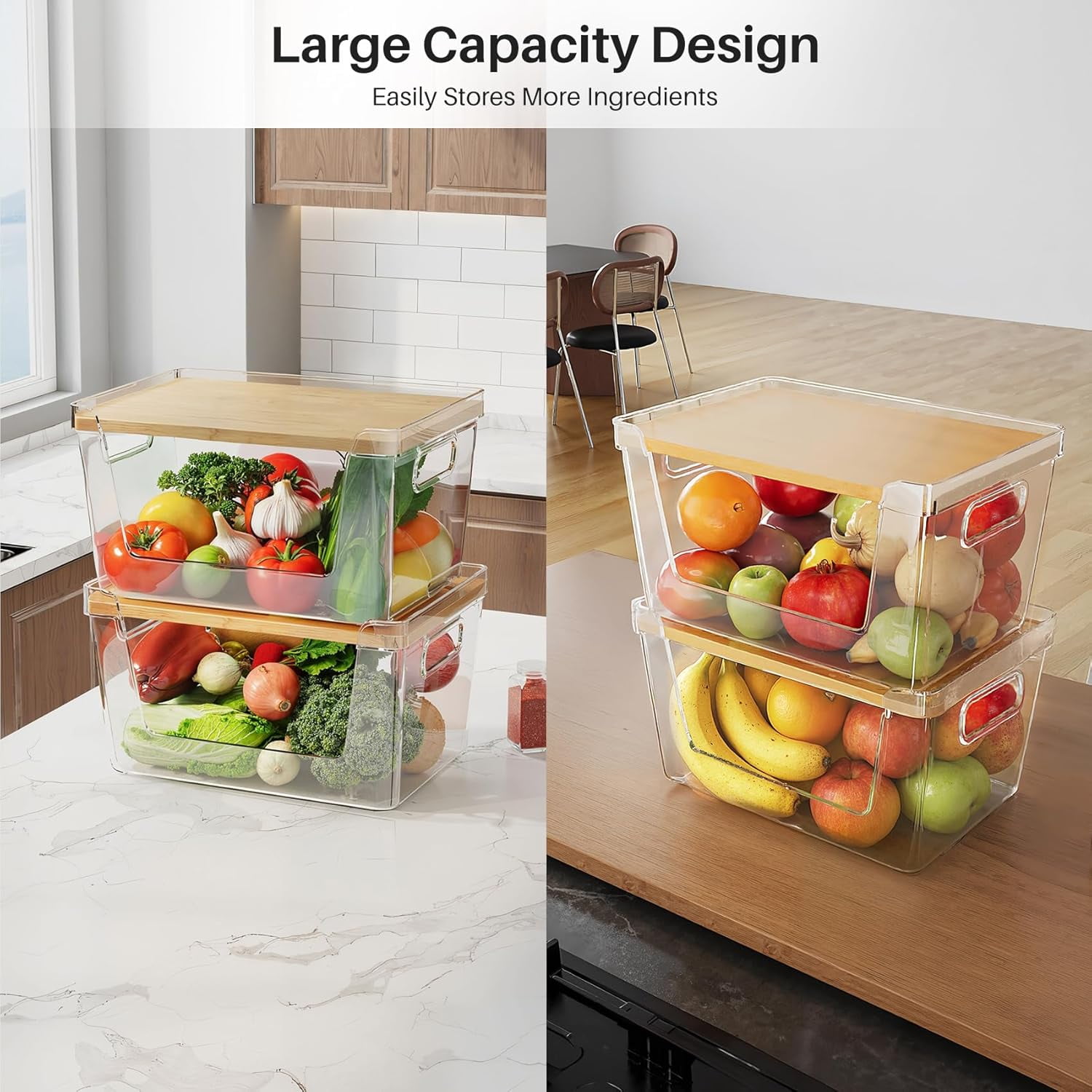 2-Pack Pantry Organizer and Stackable Storage Kitchen Baskets, Sturdy and Durable Storage Basket for Potato, Onion, Garlic, Fruit, Vegetable, Produce, Clear Plastic Storage with Lid and Handle