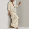 thumbnail image 6 of TEAJOPSUU Women's 2 Pcs Outfits Long Sleeve Button Front Collared Belted Shirts Loose Wide Leg Pants with Pockets Flowy Solid Mathcing Sets Women Clothing Beige, 6 of 8