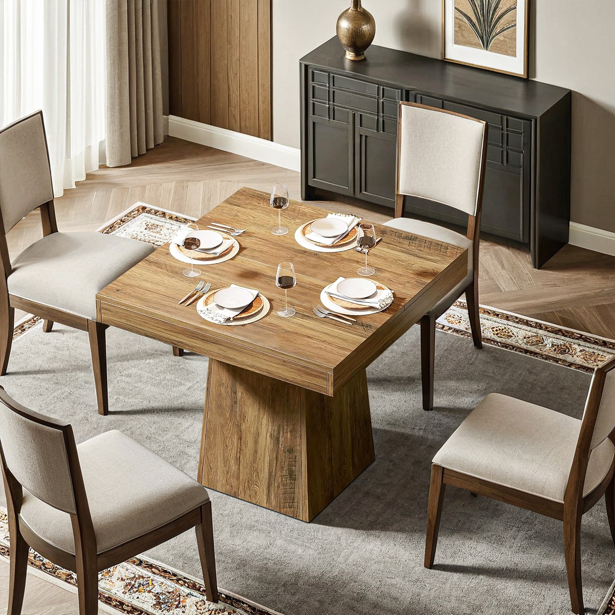 Demi Bonn 31" Modern Square Dining Table for 4 People, Wood Farmhouse Kitchen Dinner Table for Dining Room, Living Room Furniture, Brown