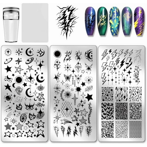 Juego de 3 placas para estampar uñas con diseños de luna, estrellas, rayos, planetas y cielo nocturno galáctico.
