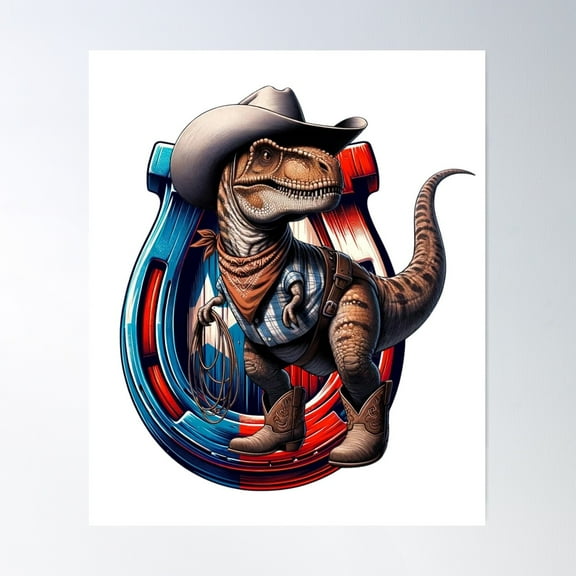 Funny T-Rex Cowboy Horseshoe Texas Flag Poster Wall Art, Modern Wall Decor For Living Room Bedroom, 12x18 UNFRAMED
