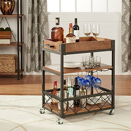 Cat Serving Tray ModHaus Living Modern Style Rustic Mobile 3-Tier Kitchen Bar Serving Rolling Wine Cart with Removable Tray Top and Bottom Shelf | Black Metal Frame, Wooden Shelves - Includes Pen (Brown) ()