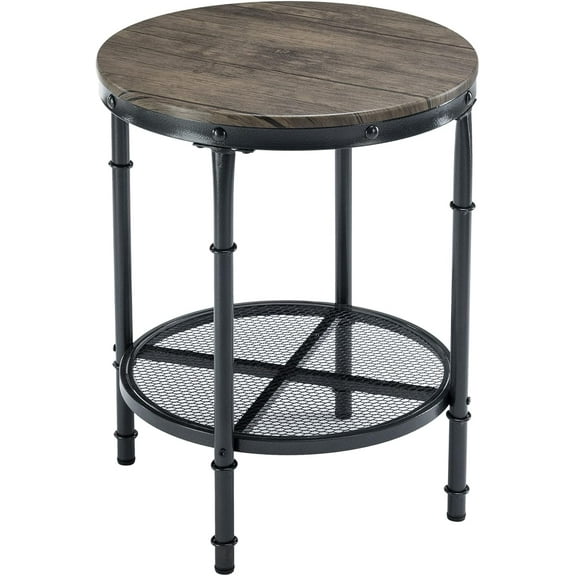 SAZYY 20" Side Table, Round End Tables Living Room, Industrial Small End Table with Metal Mesh, Rustic Farmhouse Side Tables for Bedroom, Office, Corner, Walnut