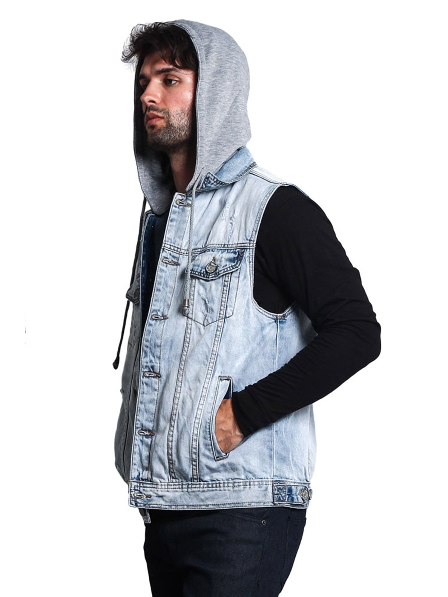 G-Style USA Men's Detachable Hood Denim Jean Vest DK108 - ICE - 3X-Large