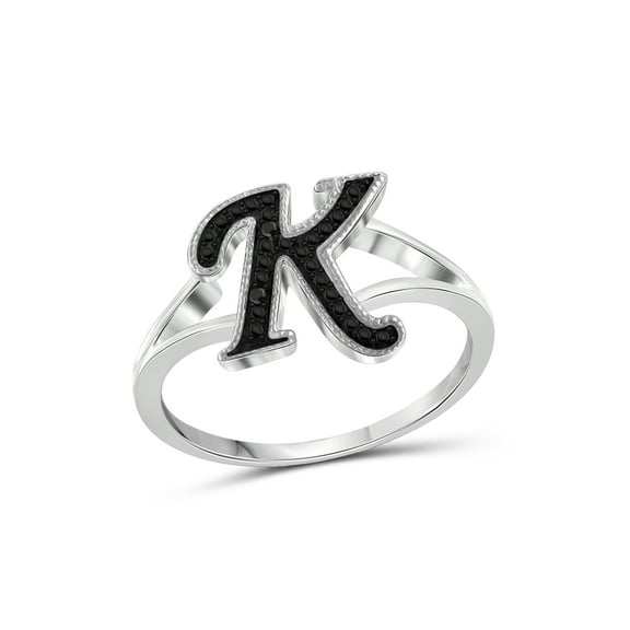 JewelersClub Accent Black Diamond Initial Letter Ring for Women | Customizable Sterling Silver K Alphabet Monogram Ring for Girls | Cursive Script Capital Letters | Personalized Jewelry Gift for Her