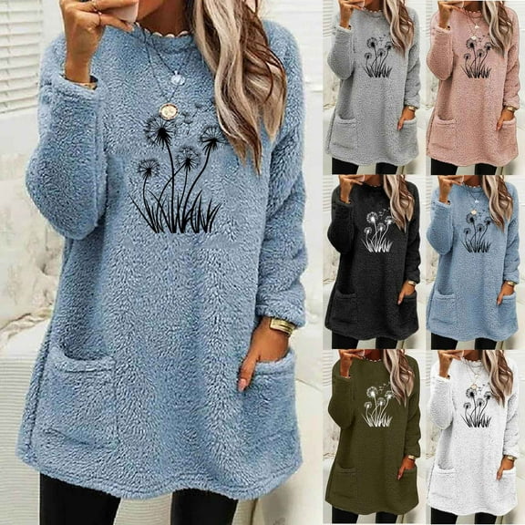 Feancey Fleece Pajamas for Women Casual Floral Print Crewneck Pullover Winter Fluffy Fuzzy Sweatshirts Comfy Thermal Loungewear Tops with Pockets Army Green 3XL