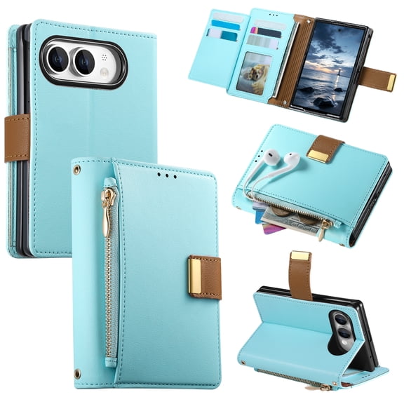 ELEHOLD For Apple iPhone Duo Fold Wallet Case Shockproof Leather Card Pocket Zipper Storage Magnetic Closure Full Baoy Cover, Blue