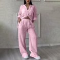 thumbnail image 2 of vigerkar Linen Two Piece Set Women Pants Casual Outfits Wide Leg Pants Long Sleeve Button Down Shirt Lounge Streetwear Sets Pink, L, 2 of 7