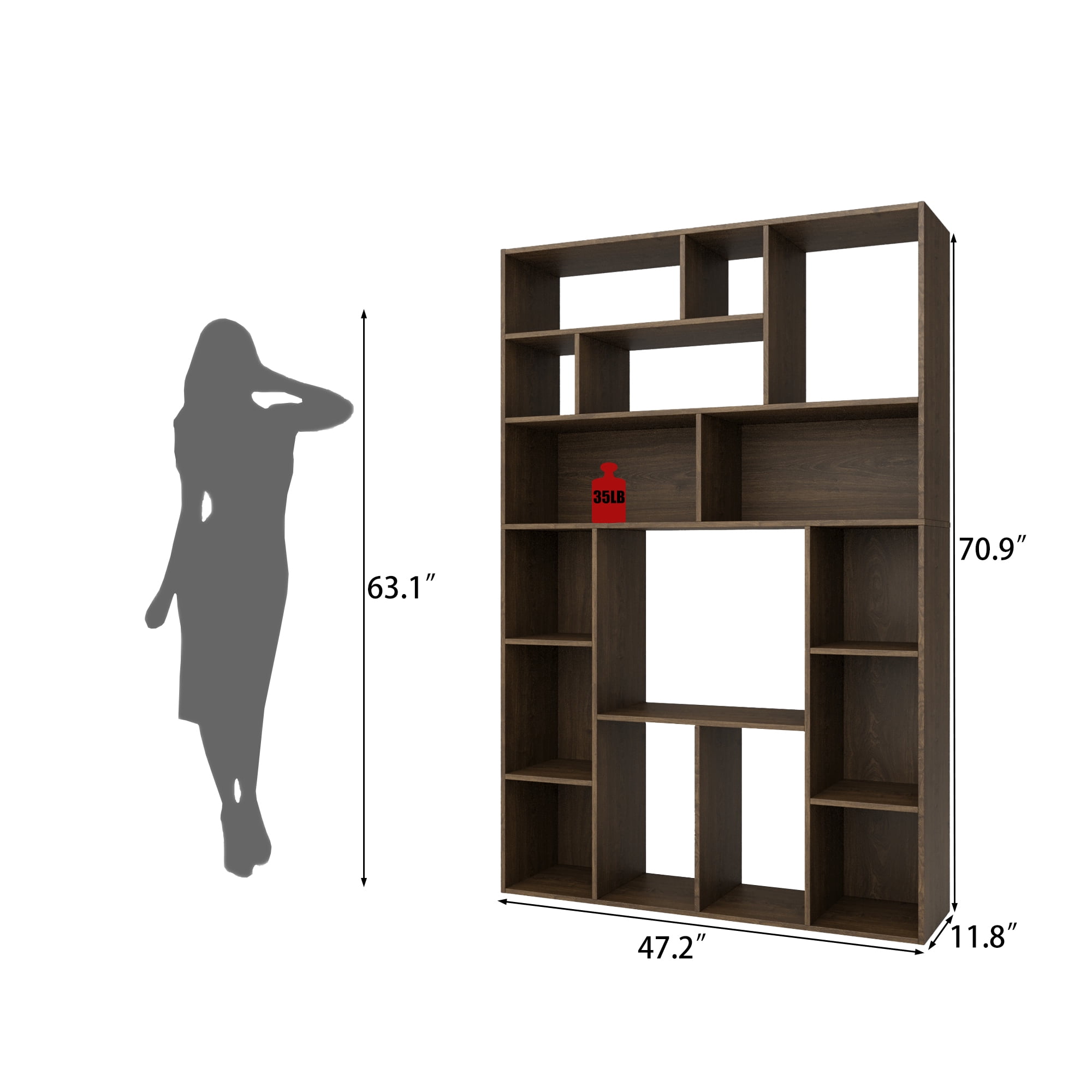 BOSHIRO 6-Tier Bookshelf 71" Tall Bookcase Wood Shelving Unit for Office Living Room, Brown