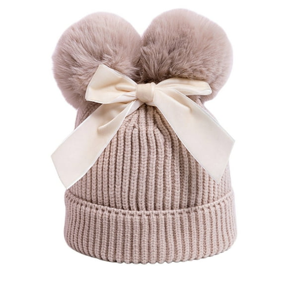 GXWEA Toddler Boy Beanie Kids Hat Baby Winter Beanie Hat With Bow, Double Pom Pom Beanies Cap, Warm Toddler Boys Girls Knit Hats E10 HAT Beige 6-36 Months