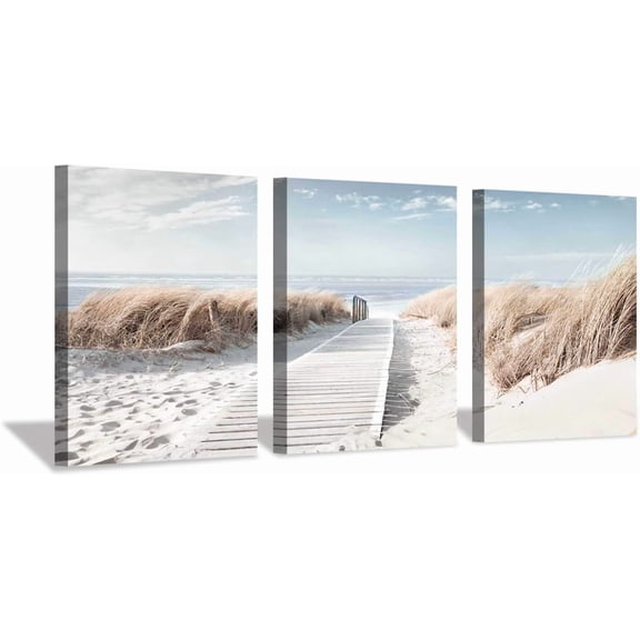 Coastal Beach Pathway Canvas Wall Art, Shoreline Seascape Painting, Framed & Ready to Hang Decor for Bedroom Living Room Home Office Bathroom