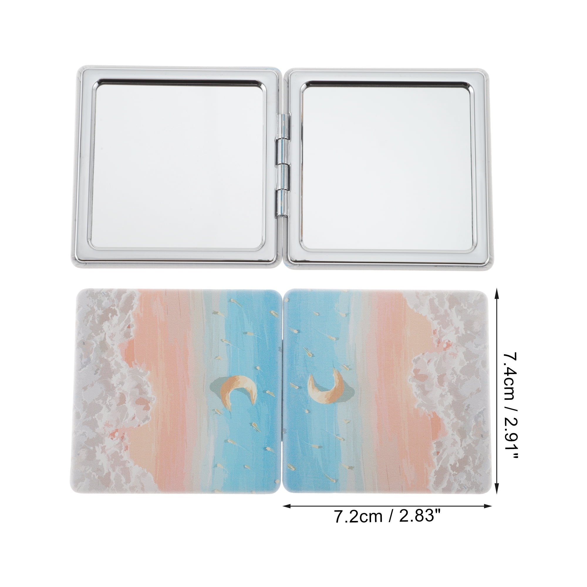 Unique Bargains 1 Pc Women Square Hand-drawn Makeup Mirror for Travel Blue White Pink
