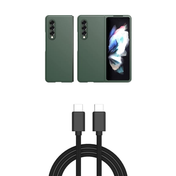 Bemz Galaxy Z Fold 3 5G Premium Bundle: Slim Rubberized Matte Snap On Case (Midnight Green), PD Power Delivery USB-C to USB-C Cable (3 Feet)