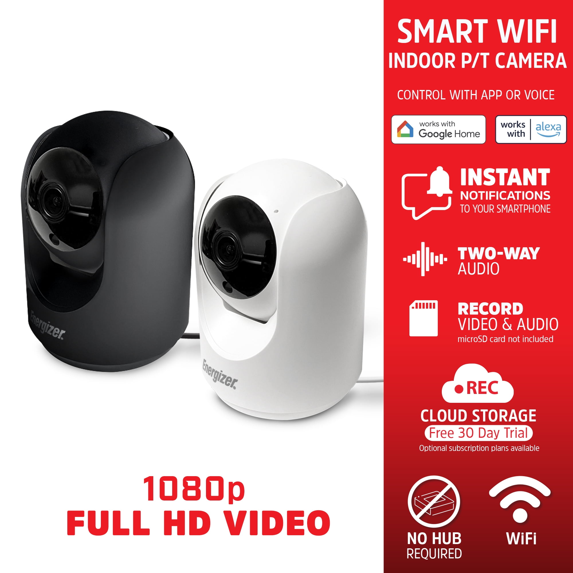 Energizer 1080p Indoor Camera, Smart Wi-Fi Security Camera with Pan, Tilt, & Motion Tracking, Black