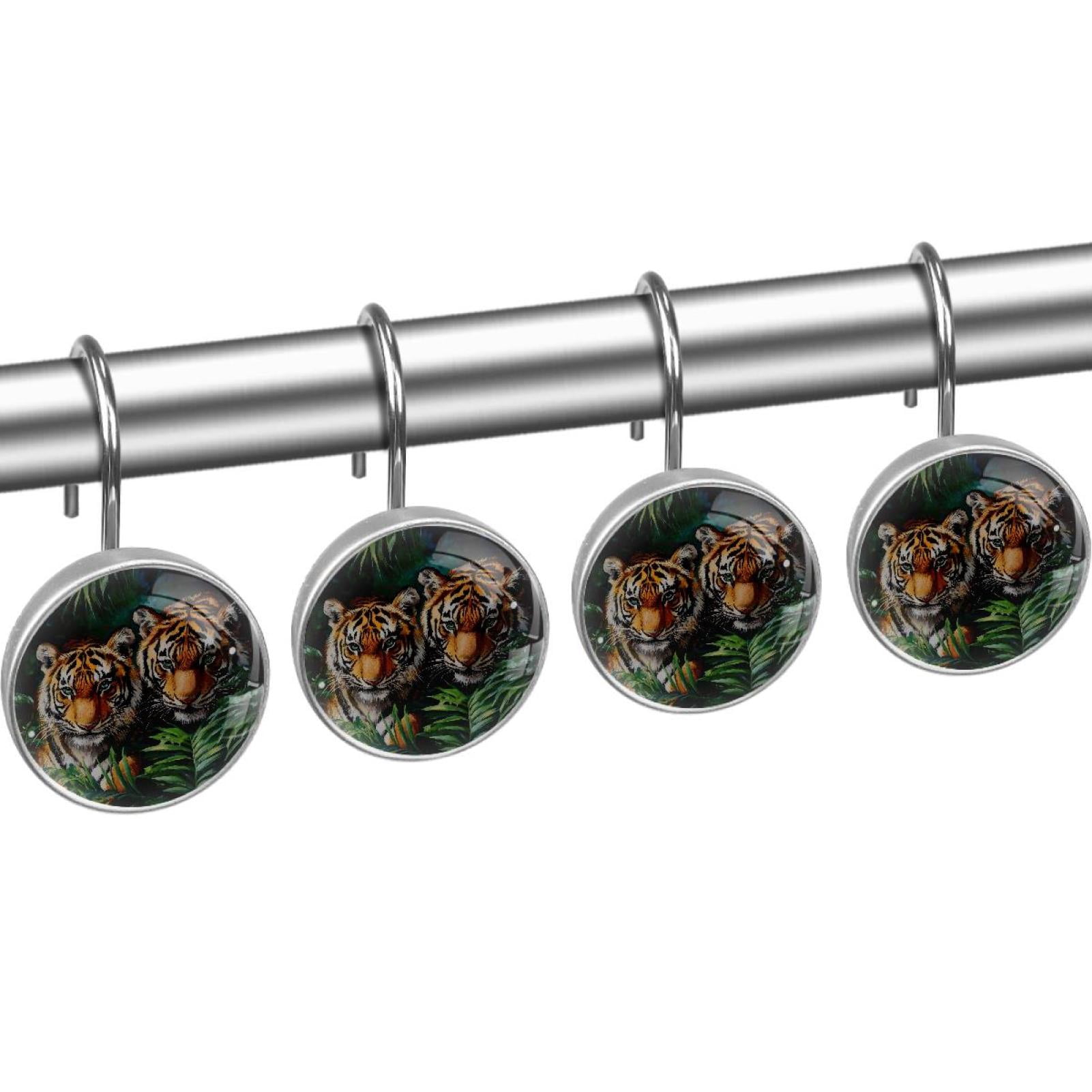 Tigers in Tropical Leaves Shower Curtain Hooks Round Crystal Glass, Set of 12 Shower Curtain Rings - Shower Hooks for Curtain Shower Rings