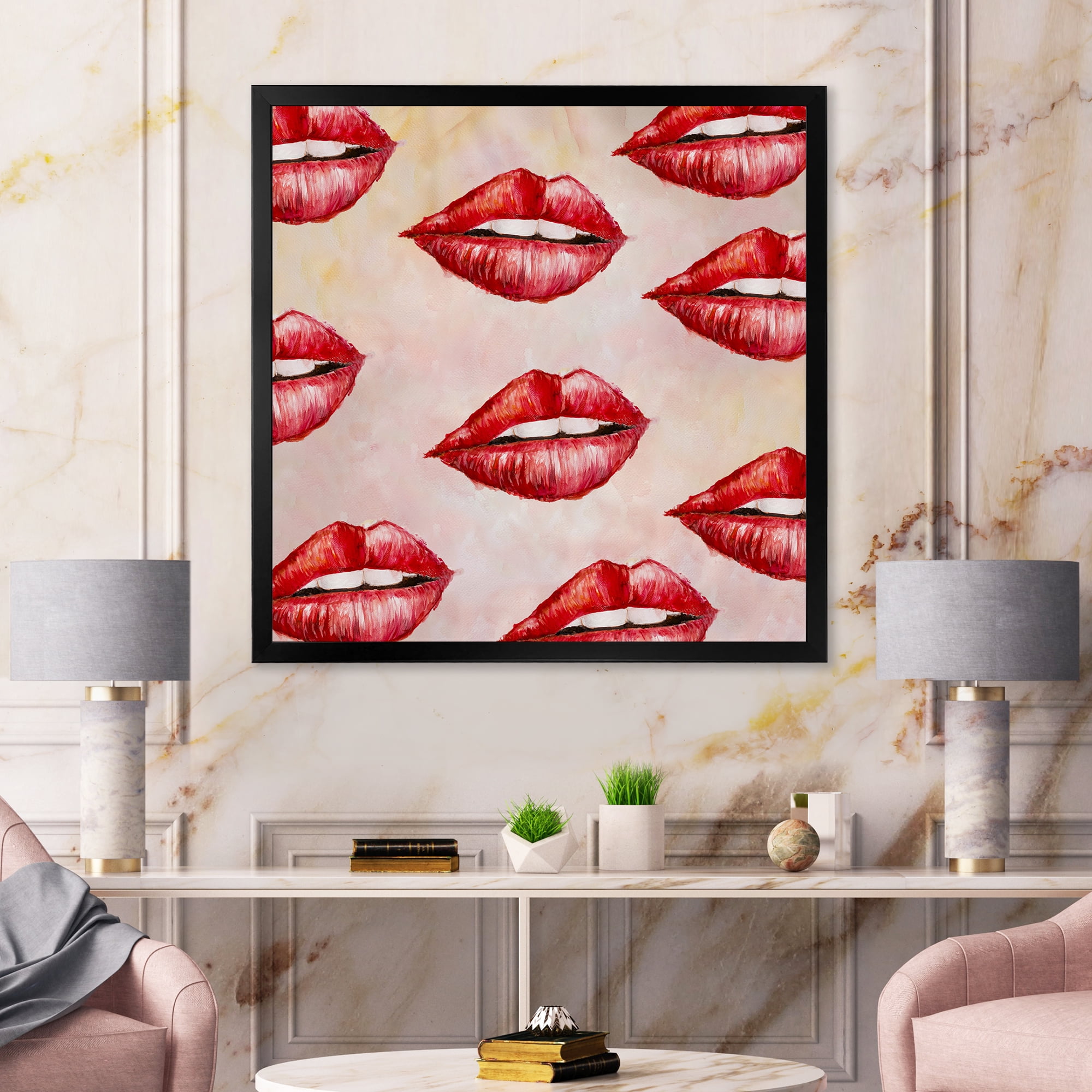 Designart 'Red Girl Lips Pattern' Modern Framed Art Print